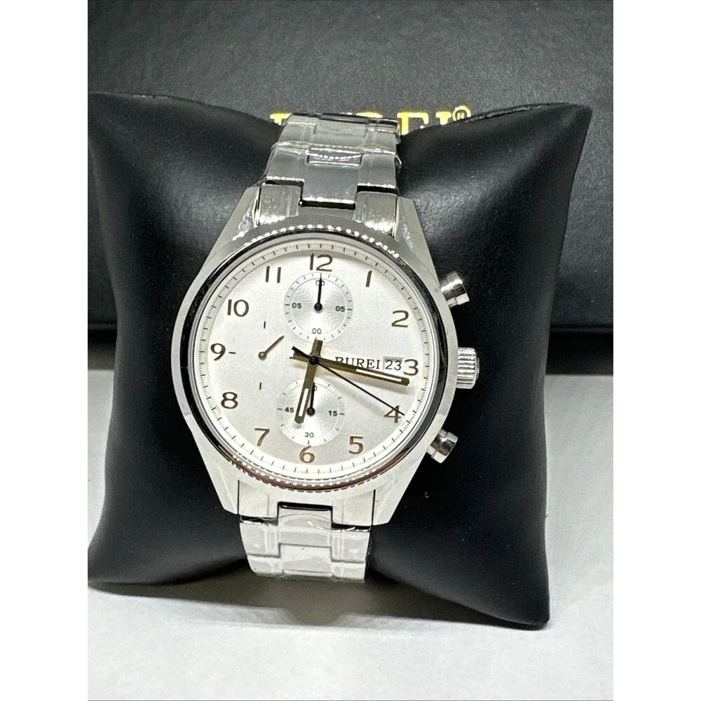 Burei B-7005 Men's Silver Stainless Steel Analog White Dial Quartz Watch XOB26